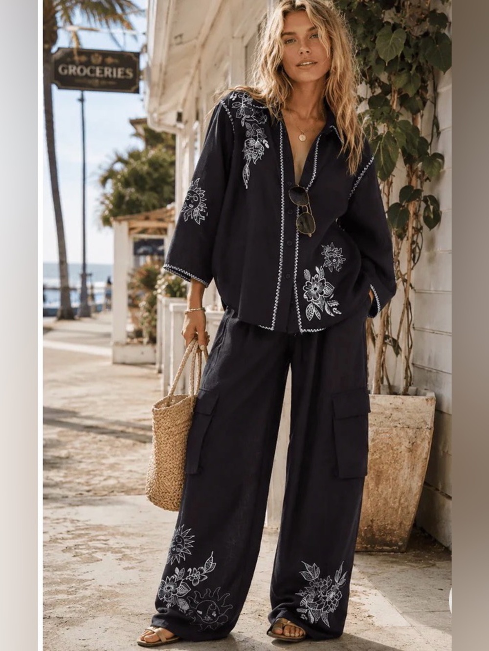 0226. Black Wide-Leg Pants Set
